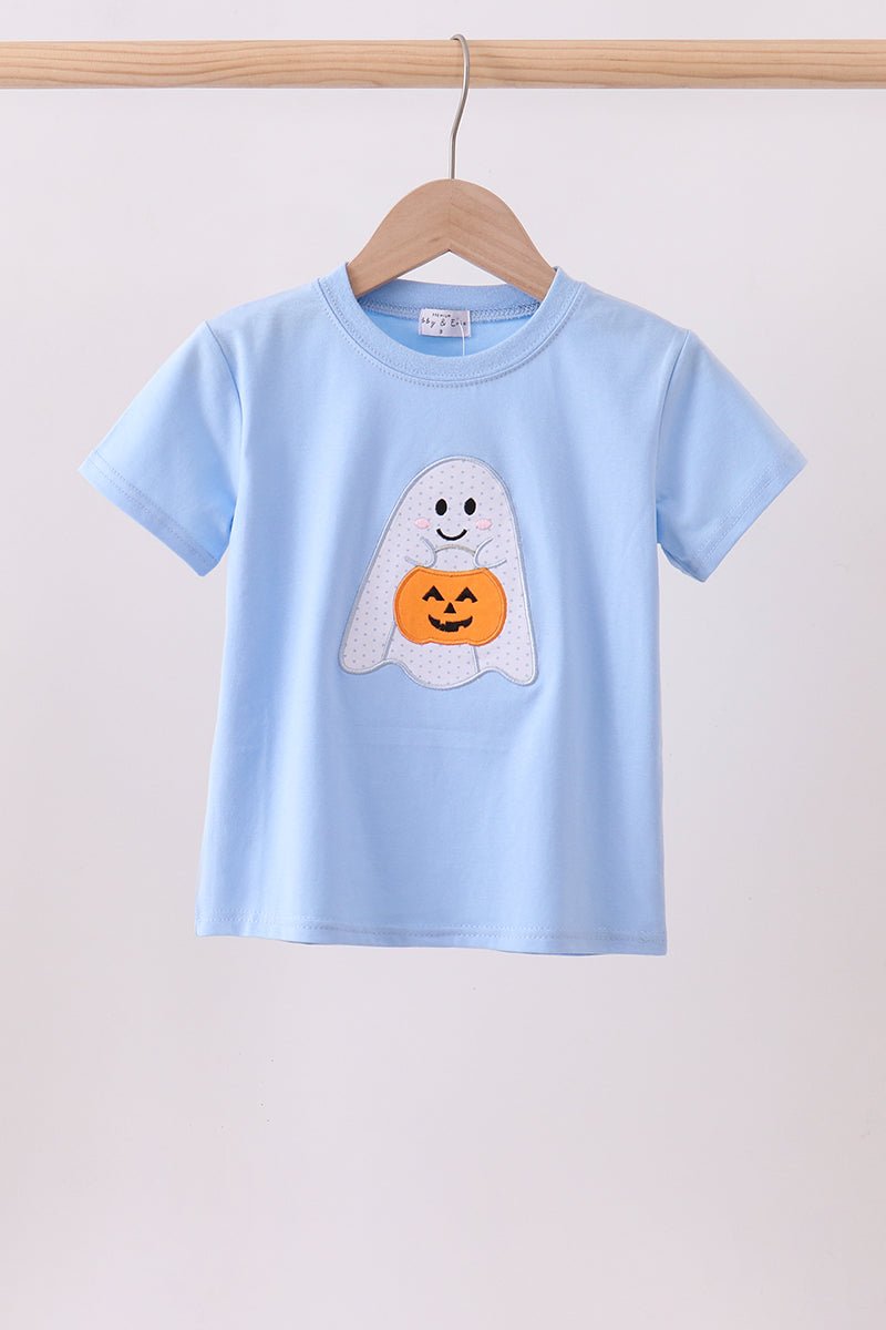 Blue ghost pumpkin embroidery top - Abbies Place