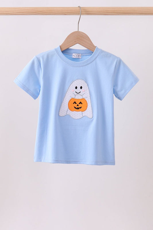 Blue ghost pumpkin embroidery top - Abbies Place