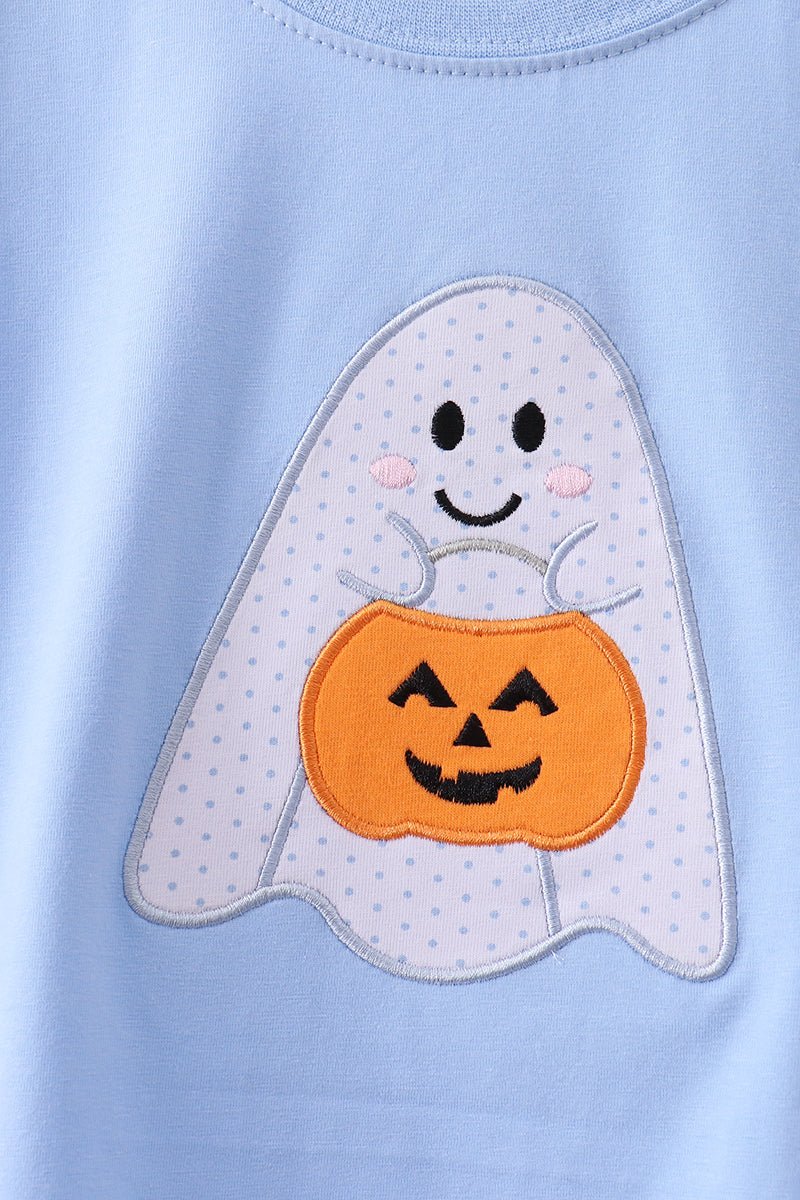 Blue ghost pumpkin embroidery top - Abbies Place