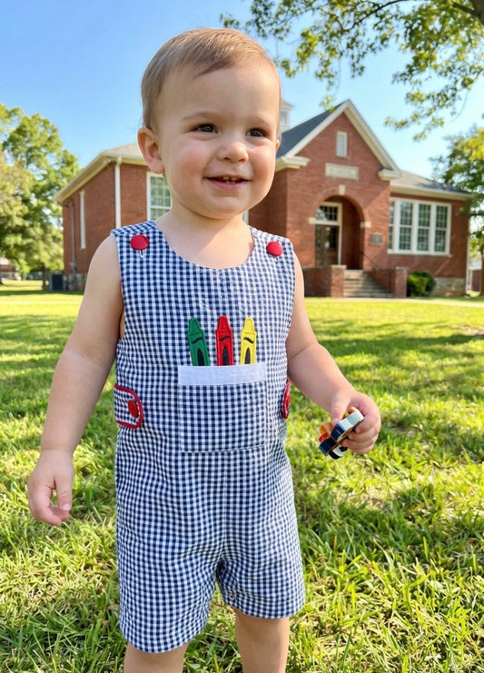 Blue Gingham Crayon Shortalls - Abbies Place