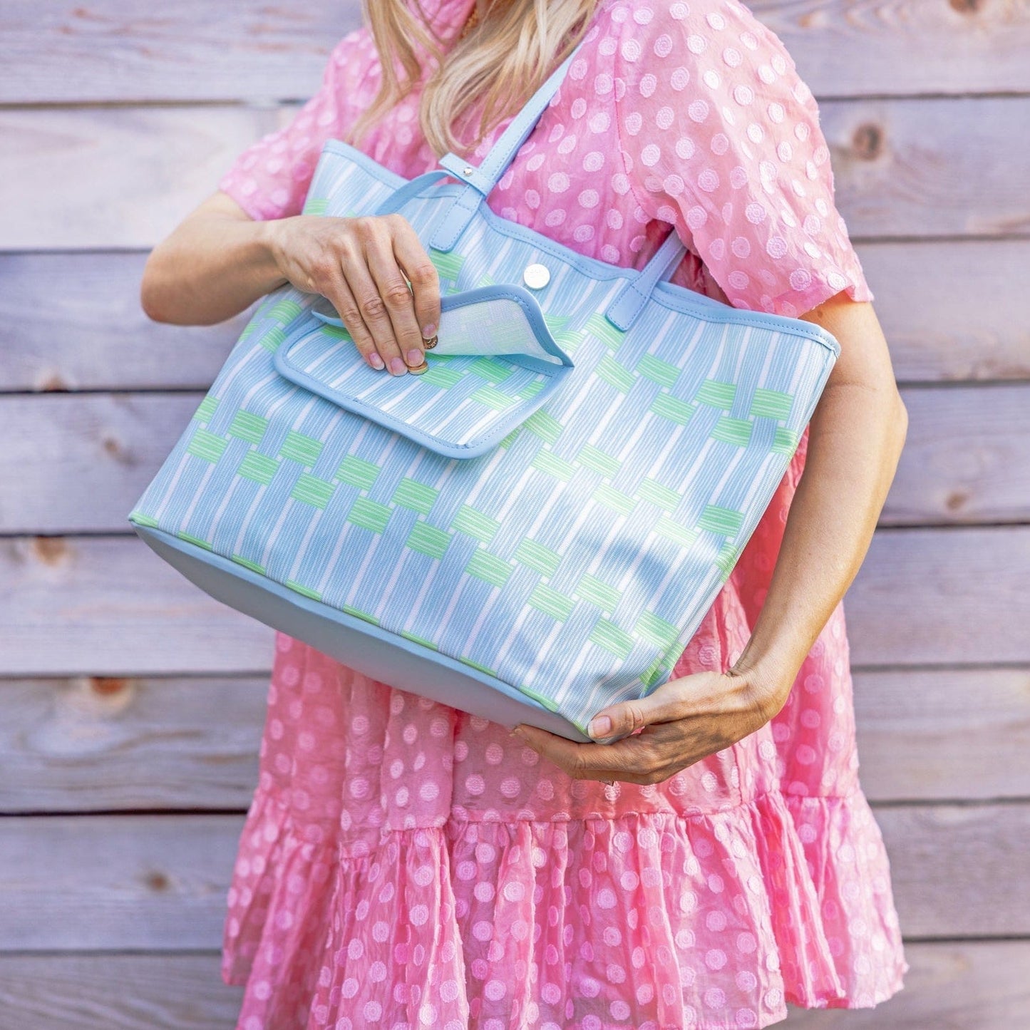 Blue Lattice Oversized Tote with Wallet - Abbies Place