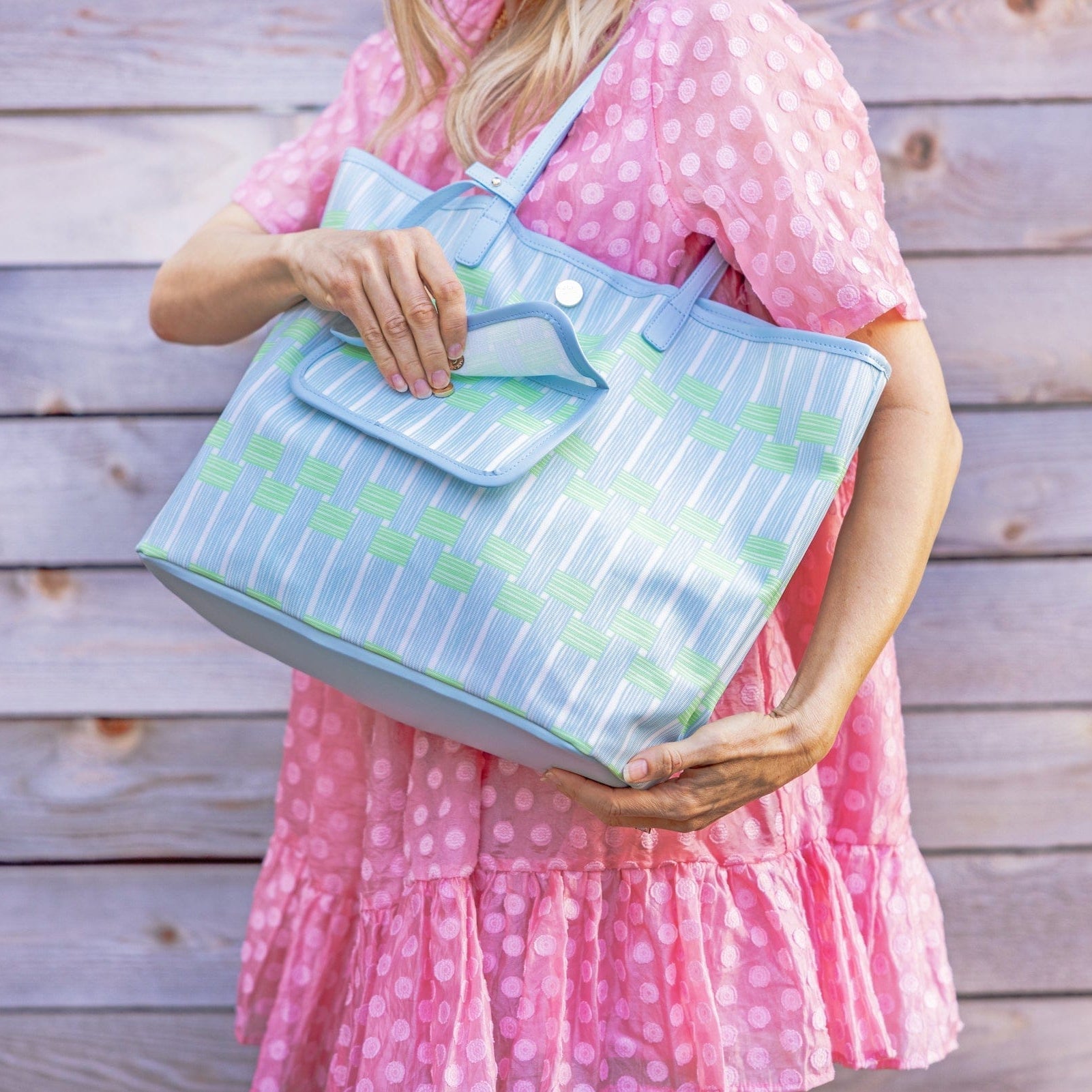 Blue Lattice Oversized Tote with Wallet - Abbies Place