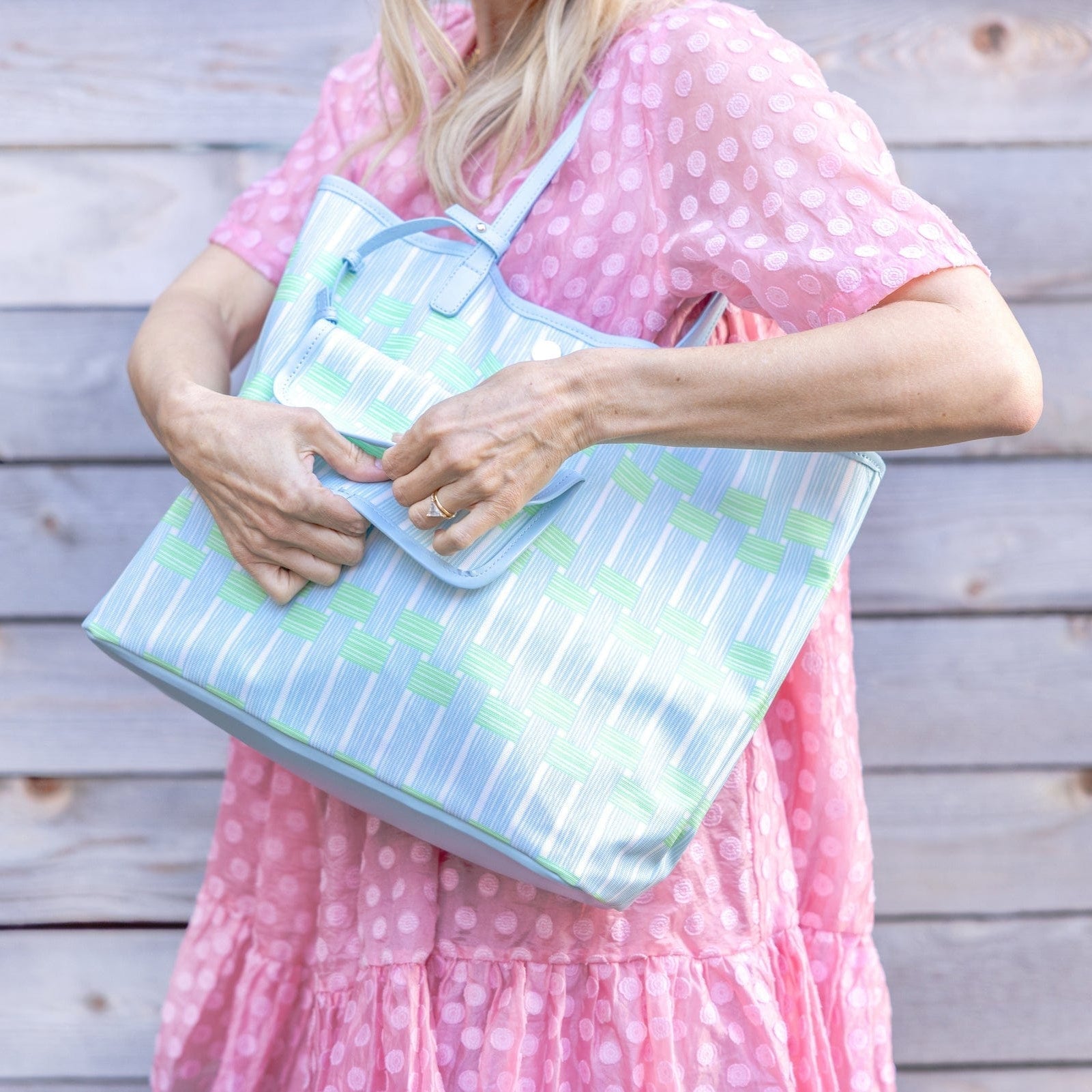 Blue Lattice Oversized Tote with Wallet - Abbies Place