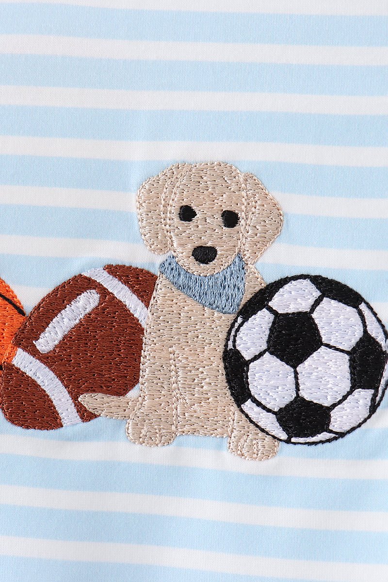 Blue Puppy Ball Embroidered Stripe Bubble - Abbies Place