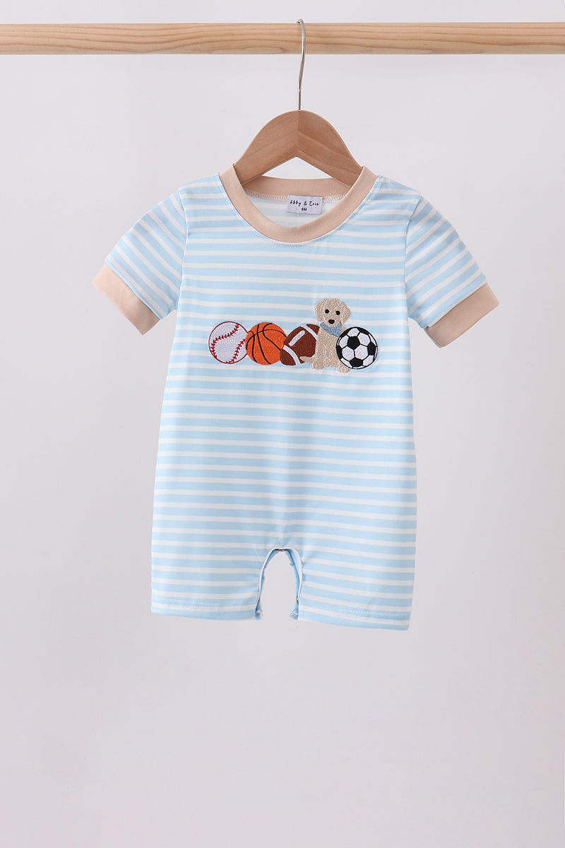 Blue Puppy Ball Embroidered Stripe Romper - Abbies Place