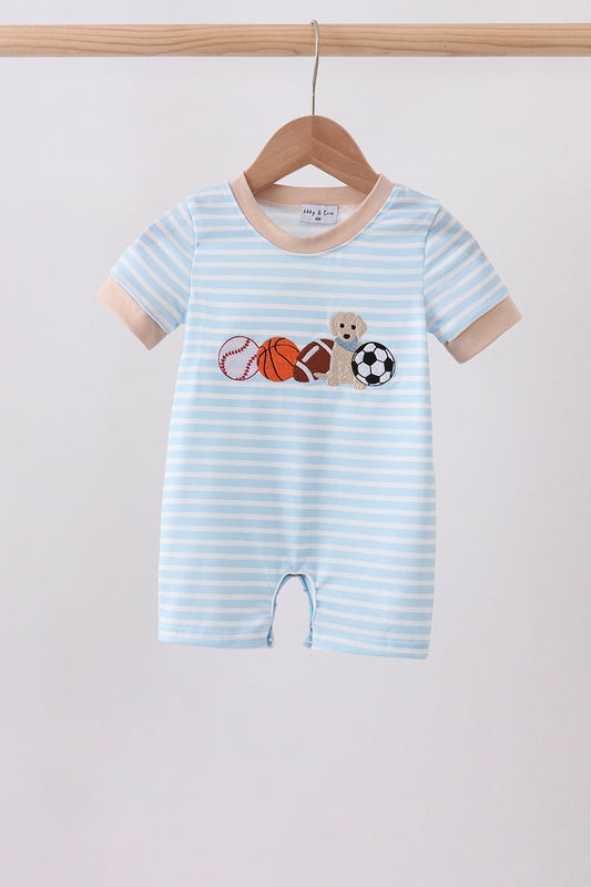 Blue Puppy Ball Embroidered Stripe Romper - Abbies Place