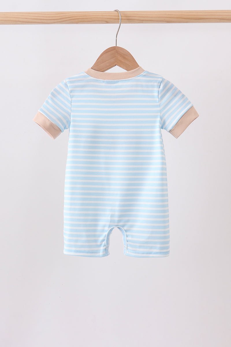 Blue Puppy Ball Embroidered Stripe Romper - Abbies Place