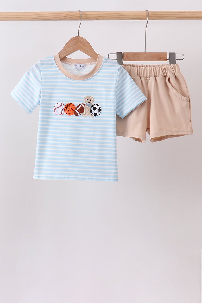 Blue Puppy Ball Embroidered Stripe Shorts Set - Abbies Place