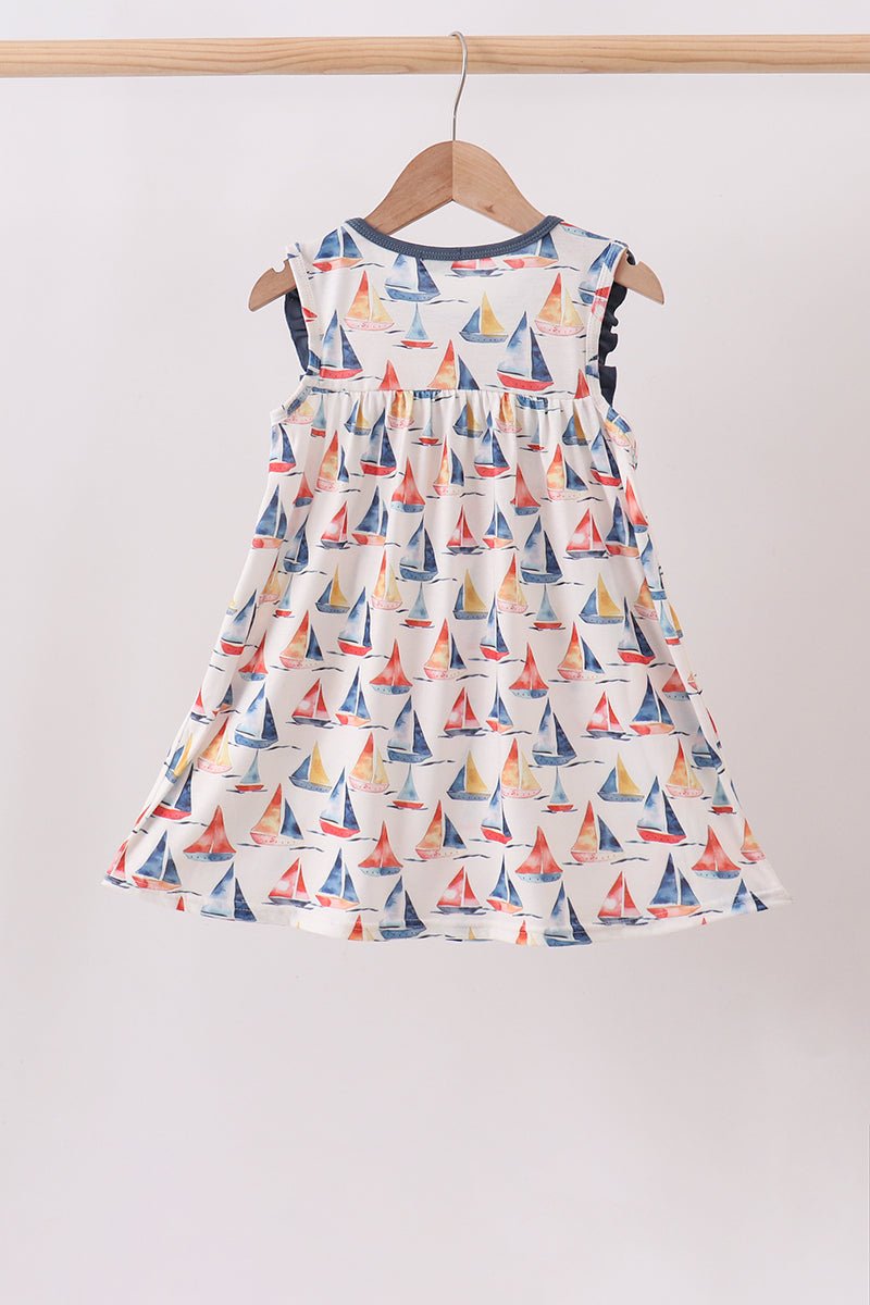 Blue Sailboat Embroidered Dress - Abbies Place