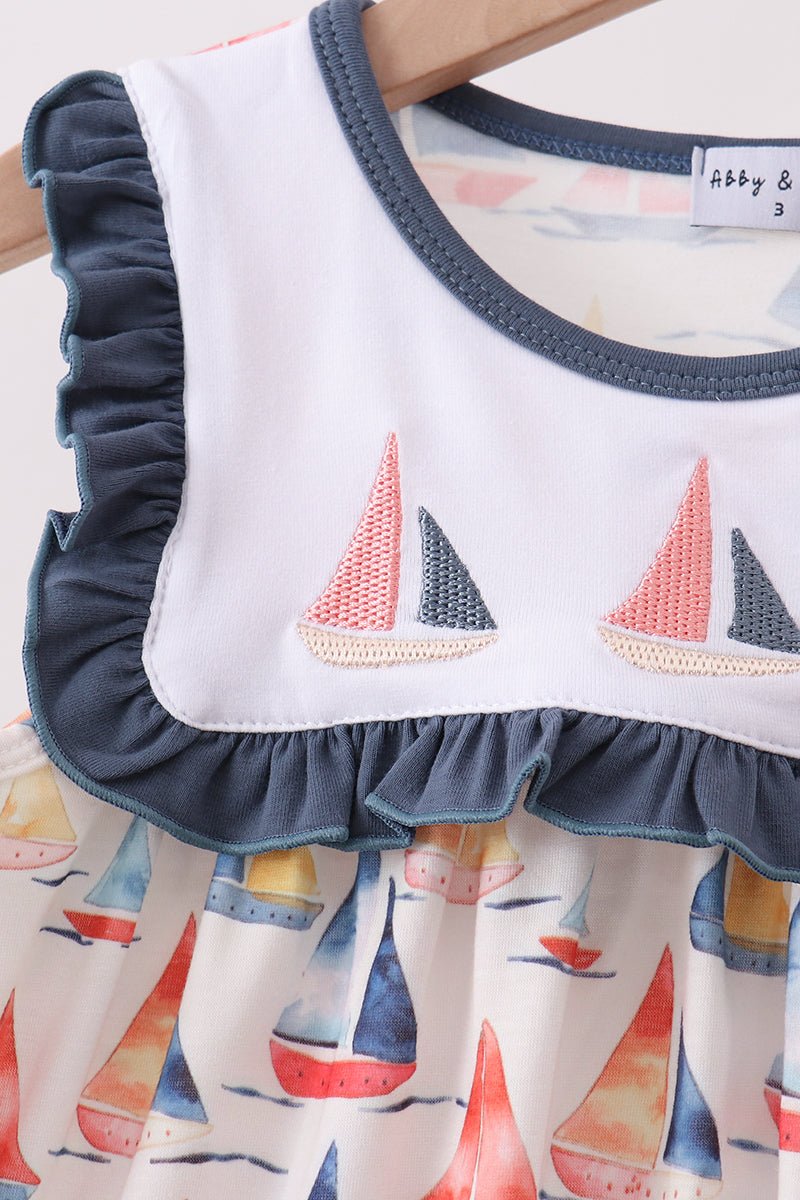 Blue Sailboat Embroidered Dress - Abbies Place