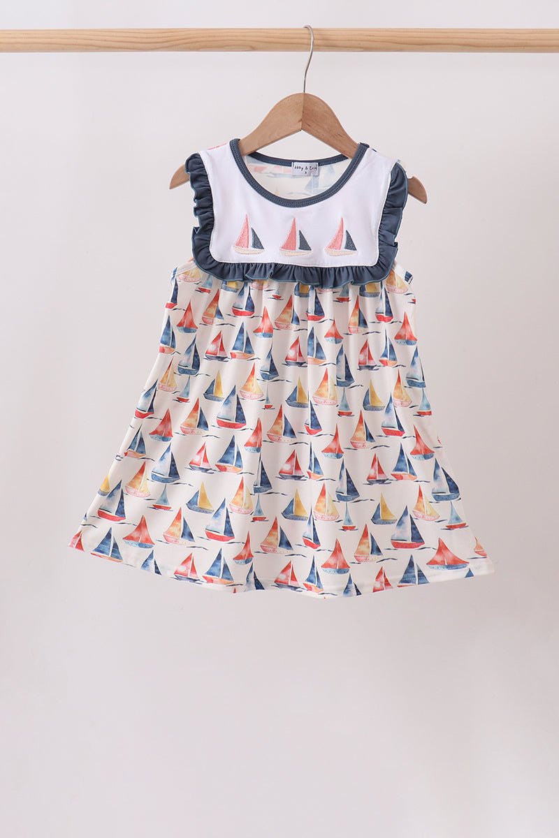Blue Sailboat Embroidered Dress - Abbies Place