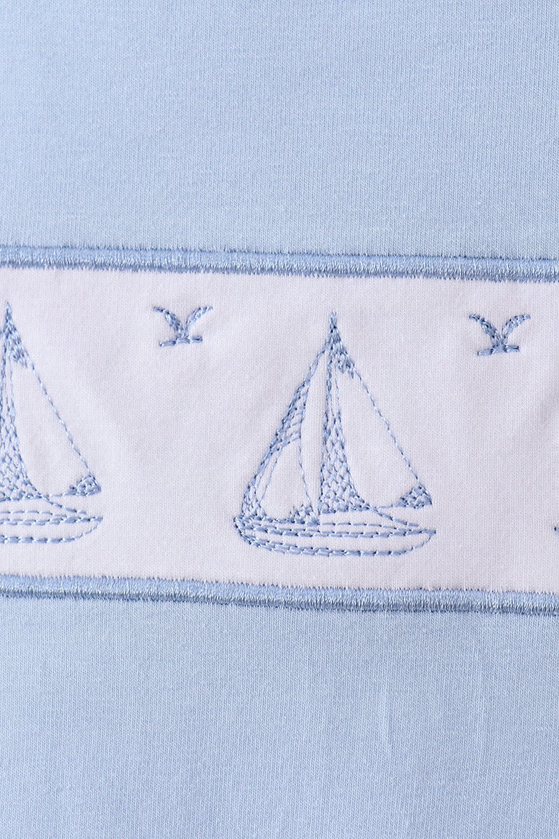 Blue Sailboat Embroidered Jon Jon - Abbies Place