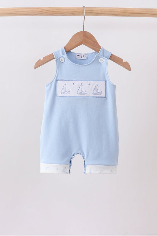 Blue Sailboat Embroidered Jon Jon - Abbies Place