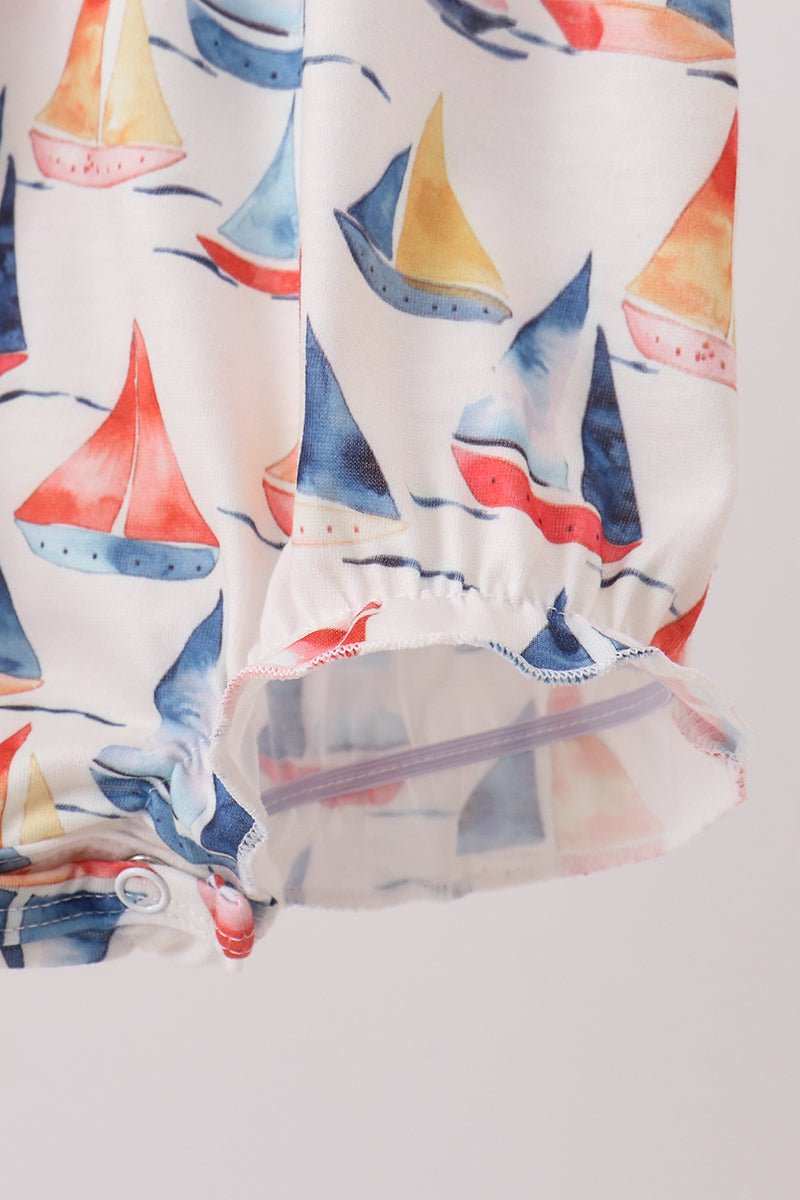 Blue Sailboat Embroidered Ruffle Bubble - Abbies Place