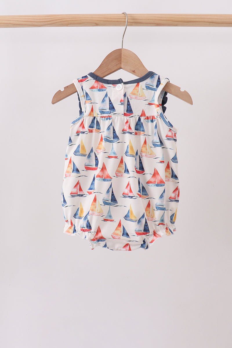 Blue Sailboat Embroidered Ruffle Bubble - Abbies Place