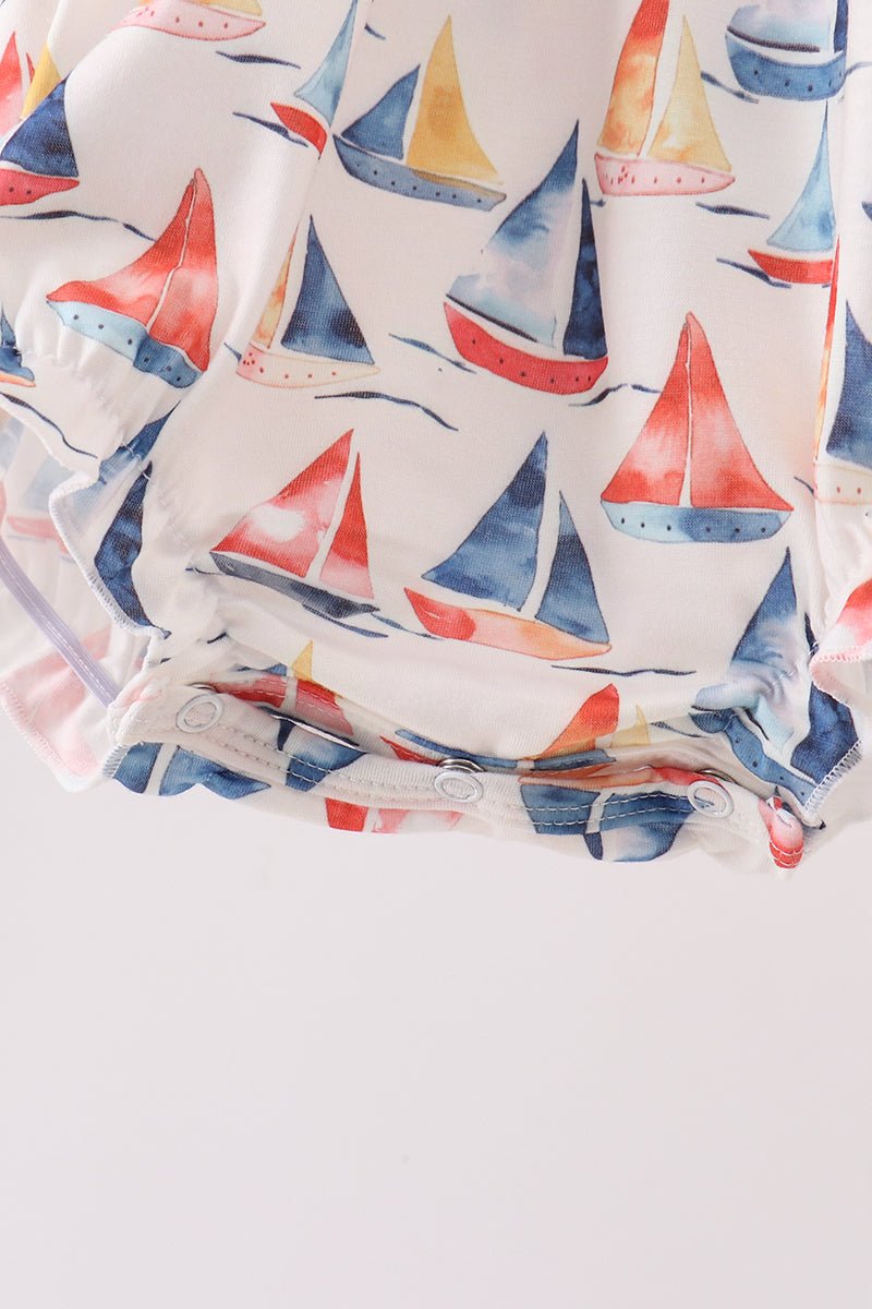 Blue Sailboat Embroidered Ruffle Bubble - Abbies Place