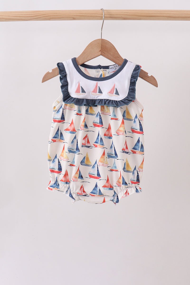 Blue Sailboat Embroidered Ruffle Bubble - Abbies Place