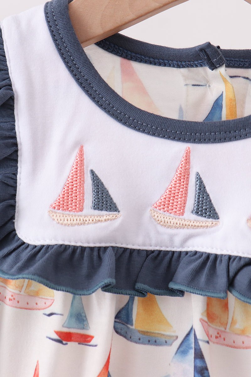 Blue Sailboat Embroidered Ruffle Bubble - Abbies Place