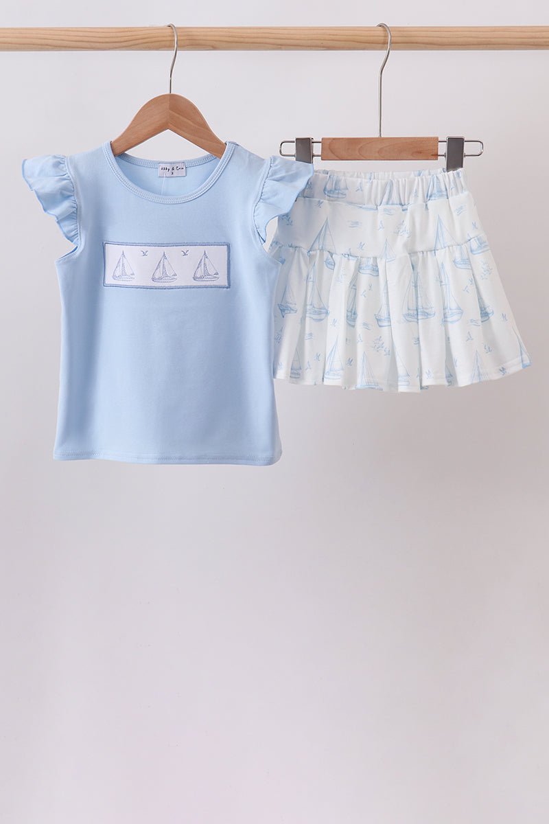 Blue Sailboat Embroidered Skorts Set - Abbies Place