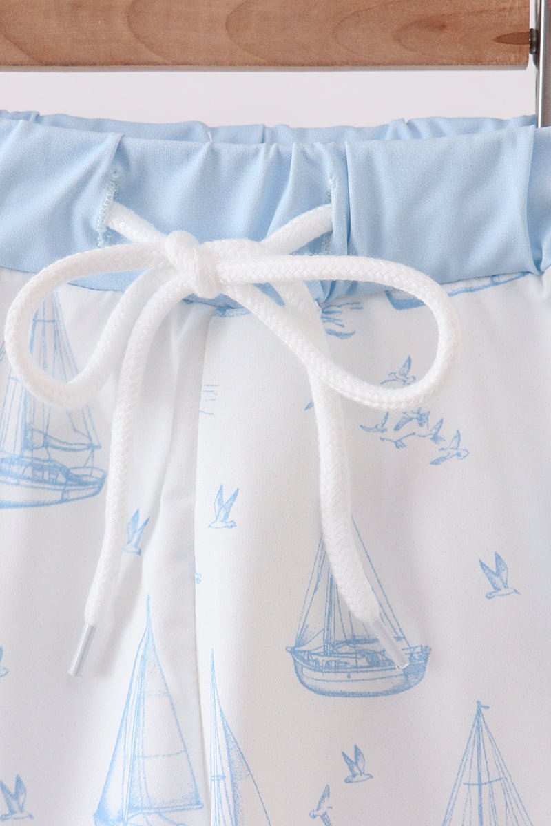 Blue Sailboat Embroidered Swim Trunks - Abbies Place