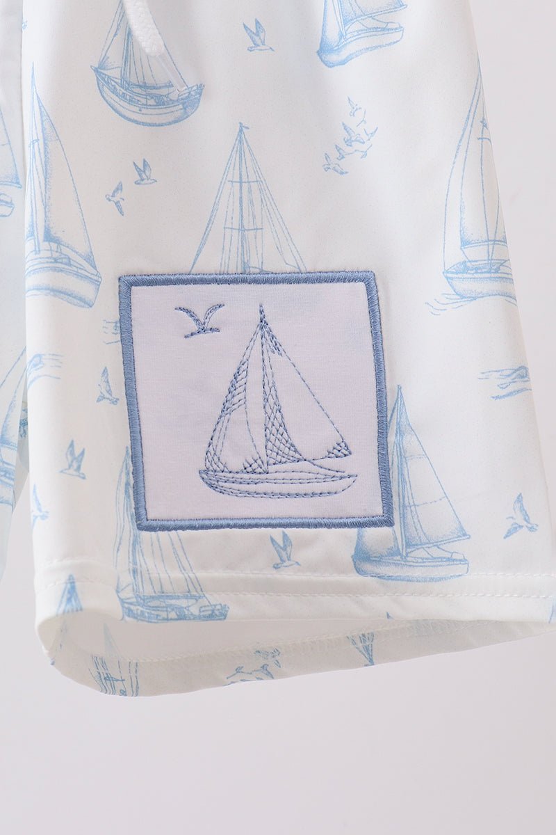 Blue Sailboat Embroidered Swim Trunks - Abbies Place