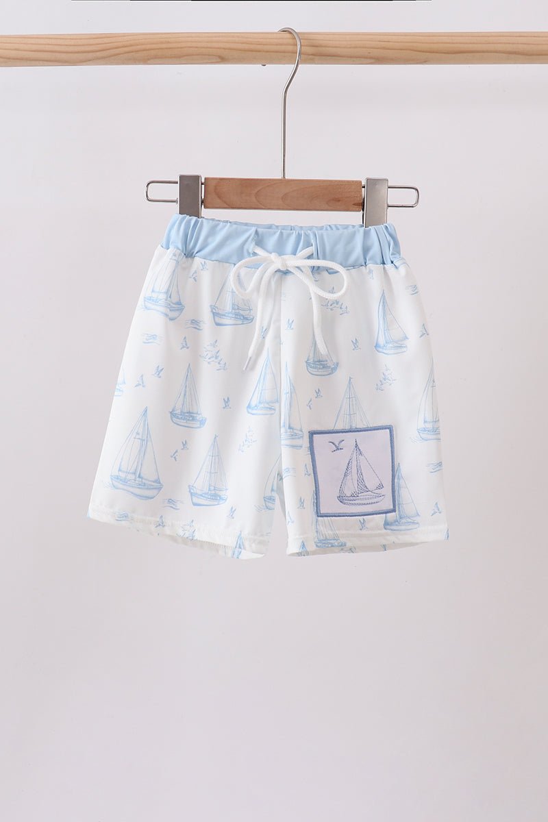 Blue Sailboat Embroidered Swim Trunks - Abbies Place