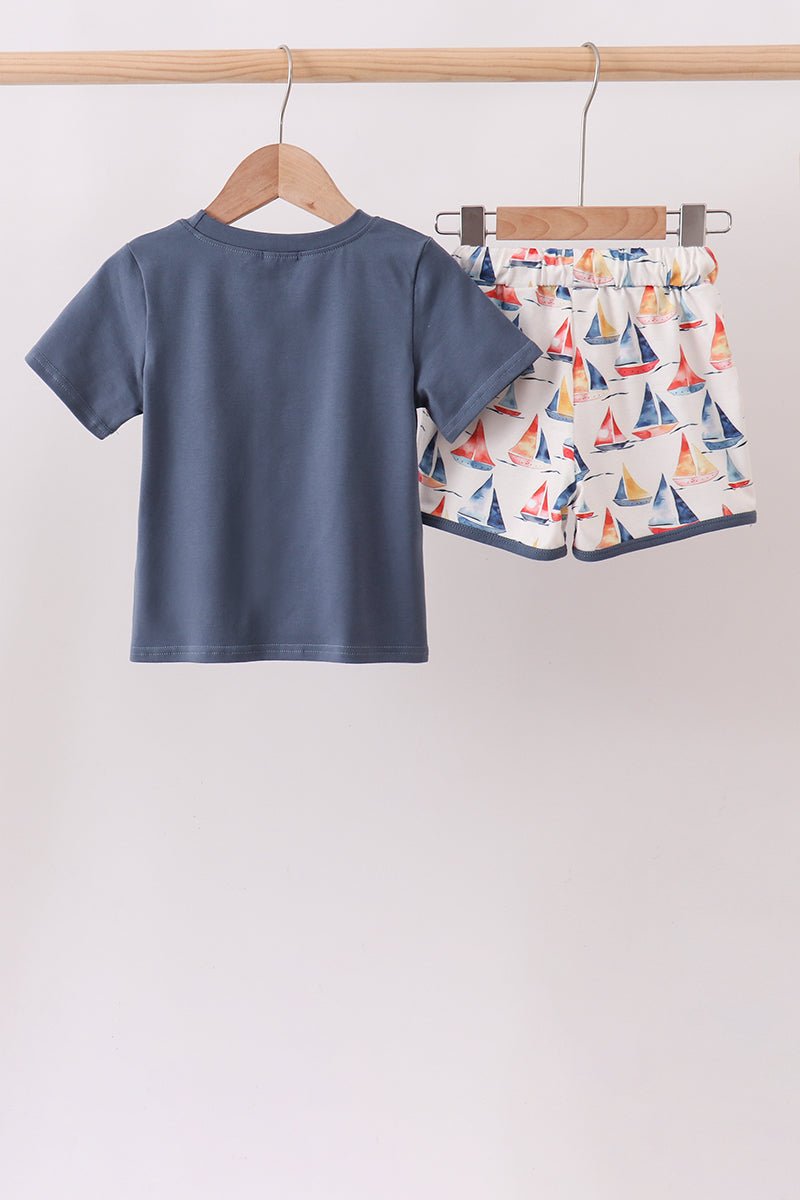 Blue Sailboat Print Shorts Set - Abbies Place