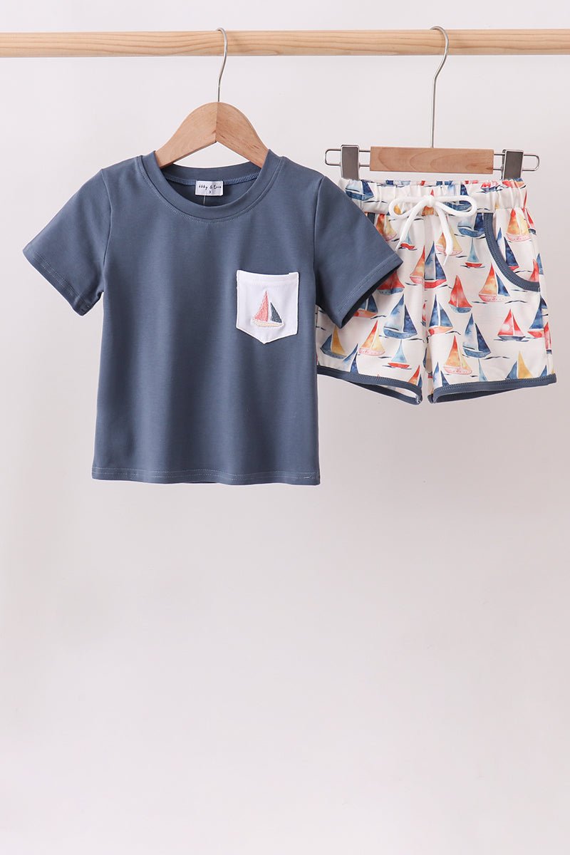 Blue Sailboat Print Shorts Set - Abbies Place