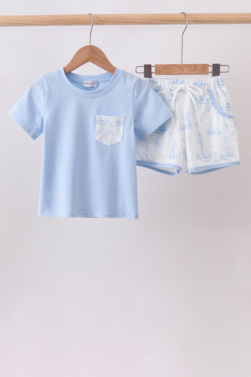 Blue Sailboat Shorts Set - Abbies Place