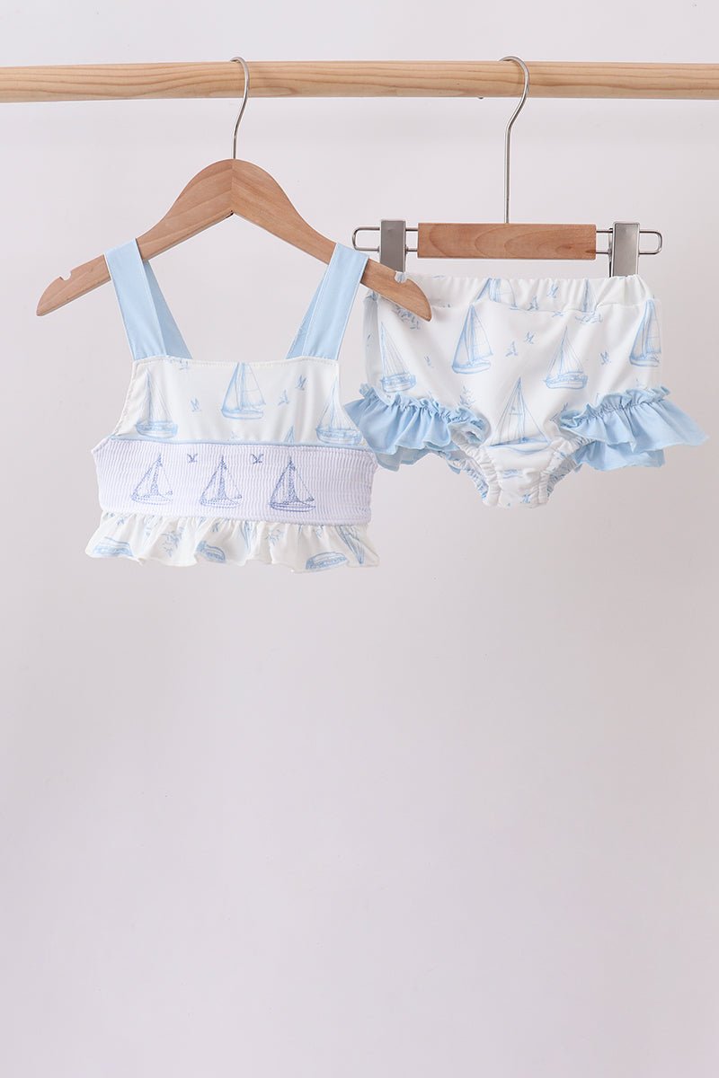 Blue Sailboat Smocked 2PC Swimsuit - Abbies Place