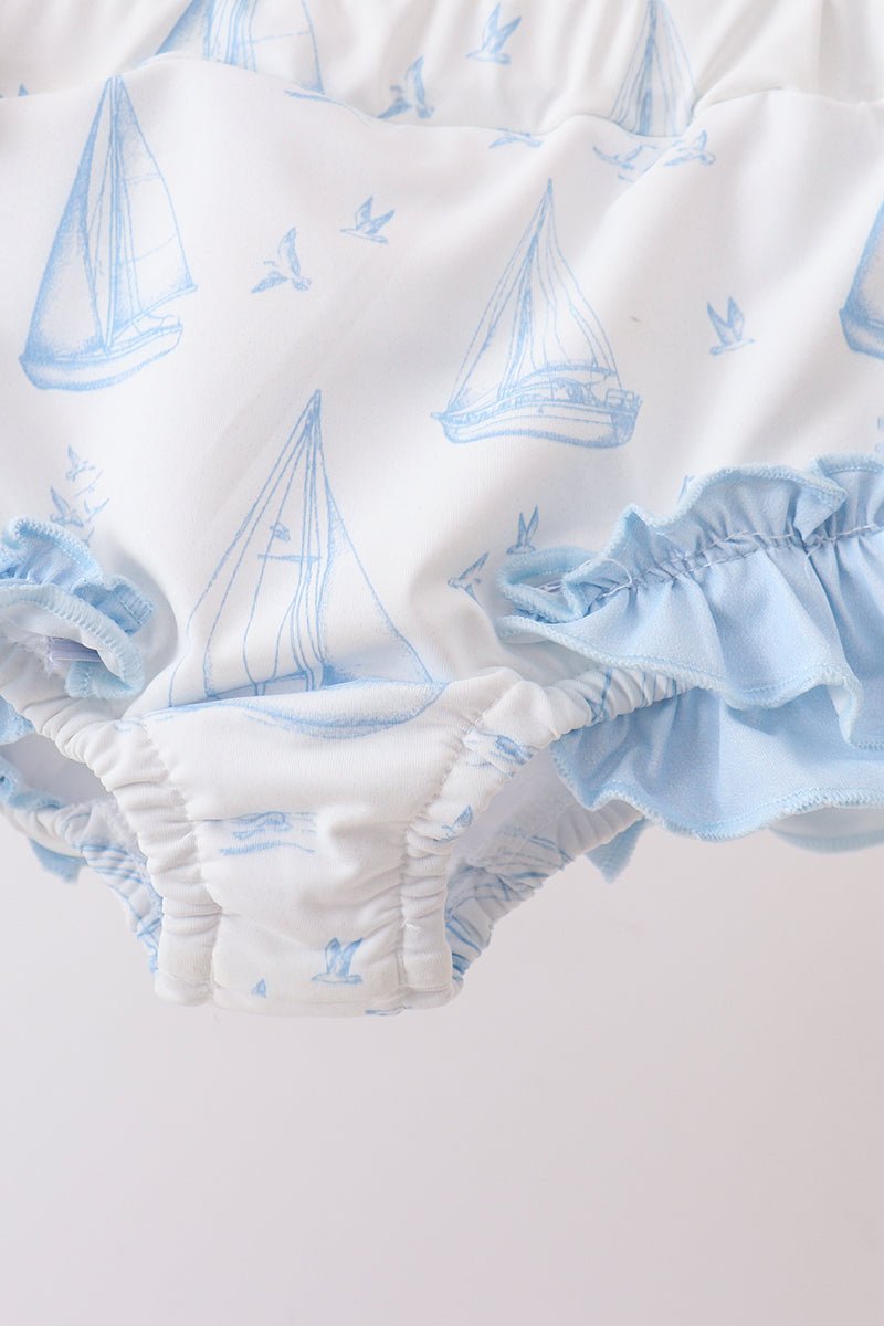 Blue Sailboat Smocked 2PC Swimsuit - Abbies Place