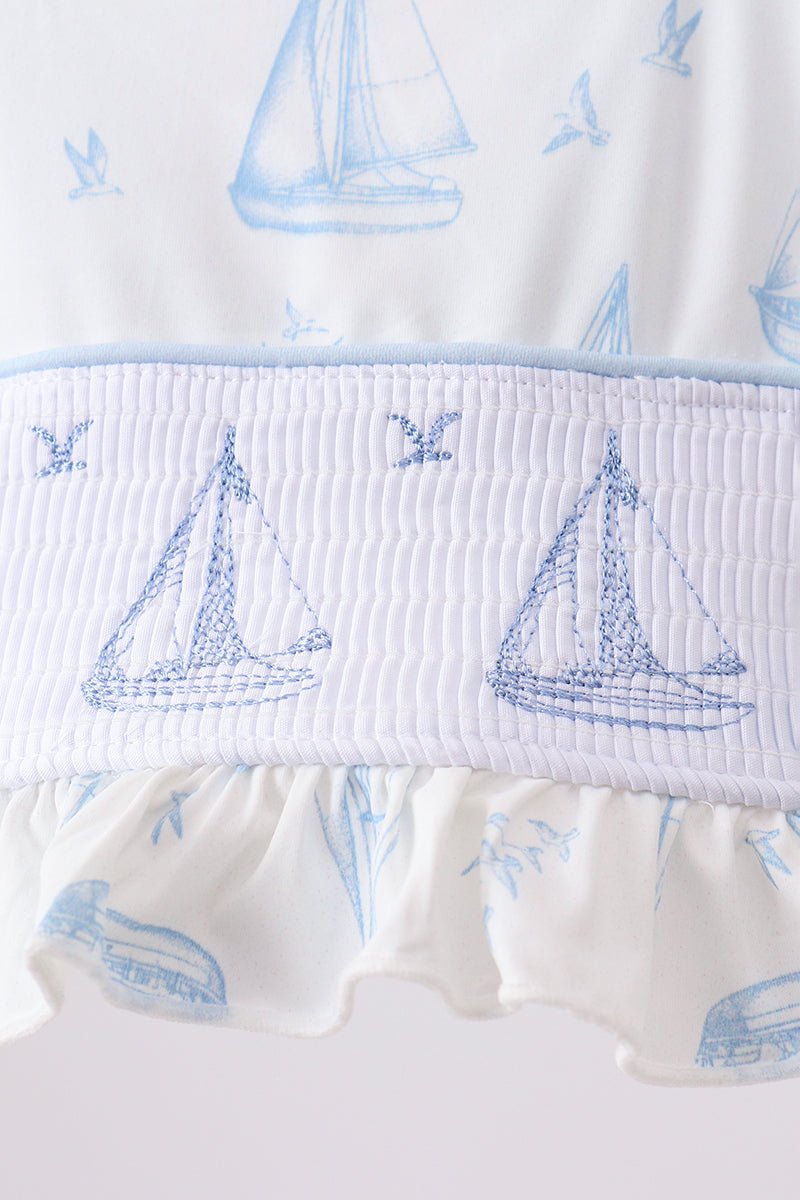 Blue Sailboat Smocked 2PC Swimsuit - Abbies Place