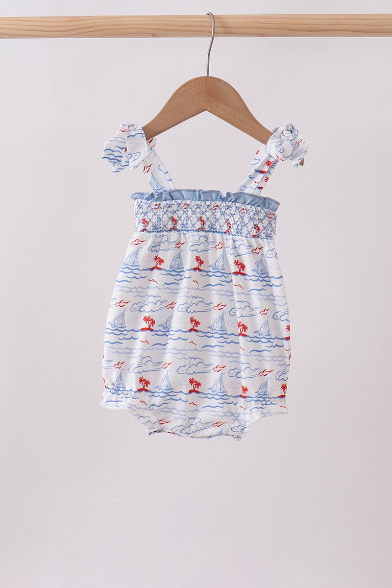 Blue Sailboat Smocked Bubble - Abbies Place