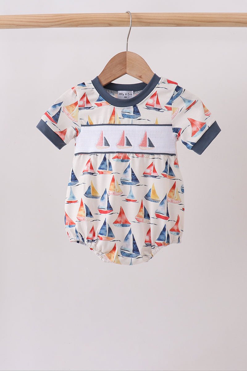 Blue Sailboat Smocked Bubble - Abbies Place