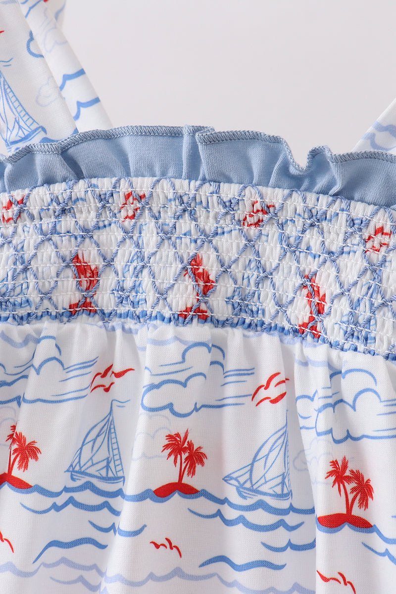 Blue Sailboat Smocked Bubble - Abbies Place