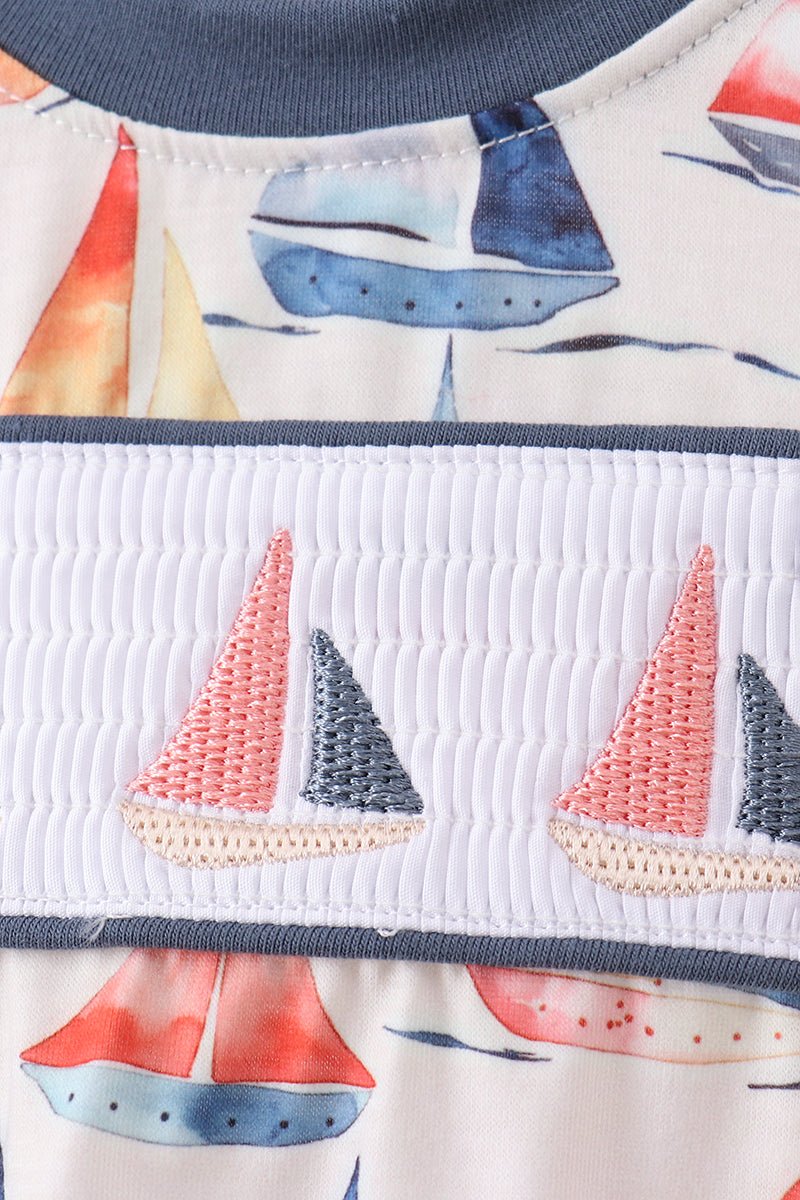 Blue Sailboat Smocked Bubble - Abbies Place
