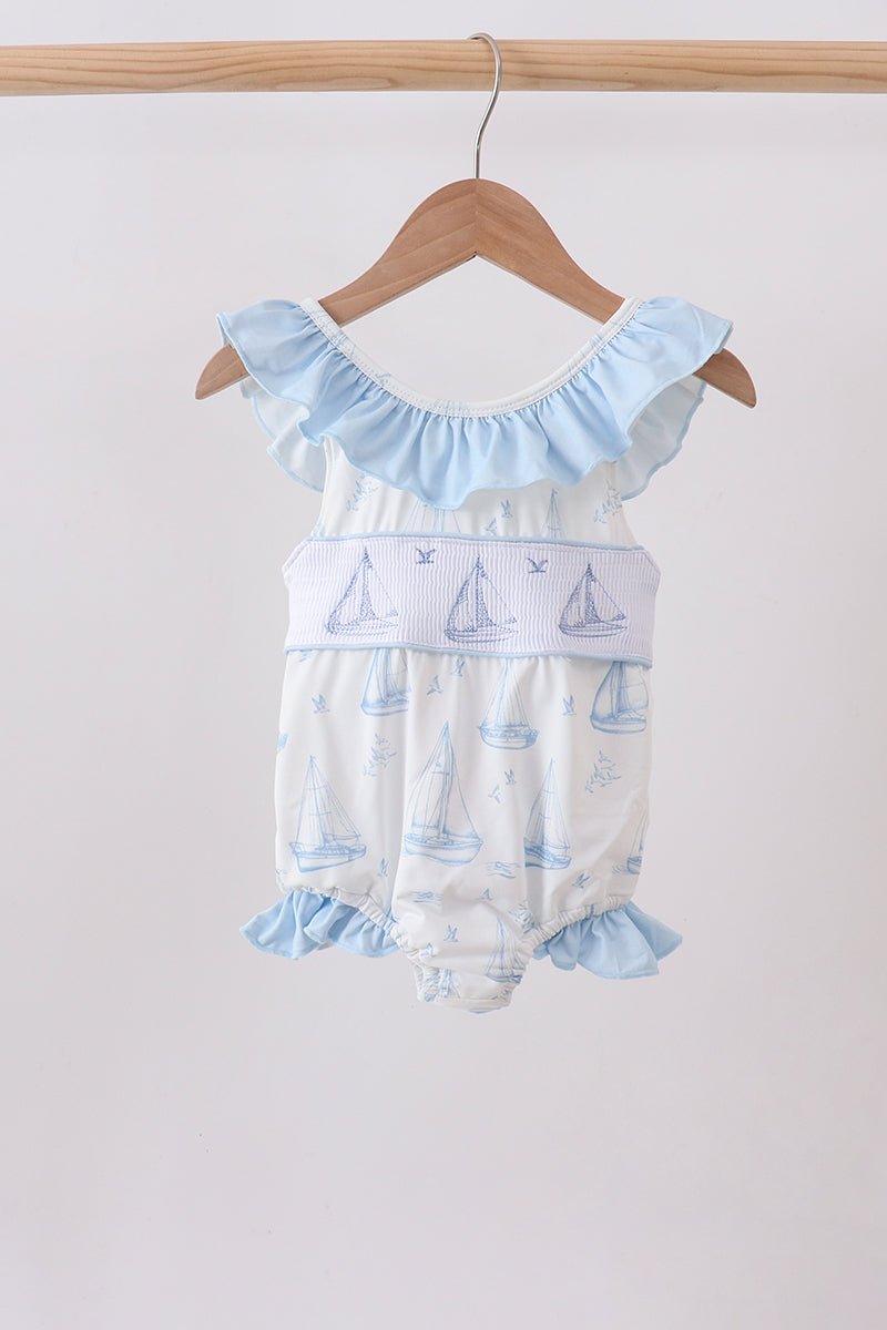 Blue Sailboat Smocked One-Piece Swimsuit - Abbies Place