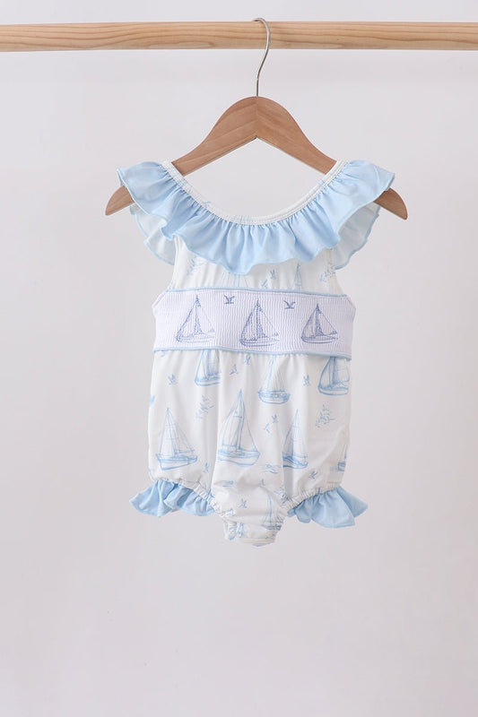 Blue Sailboat Smocked One-Piece Swimsuit - Abbies Place