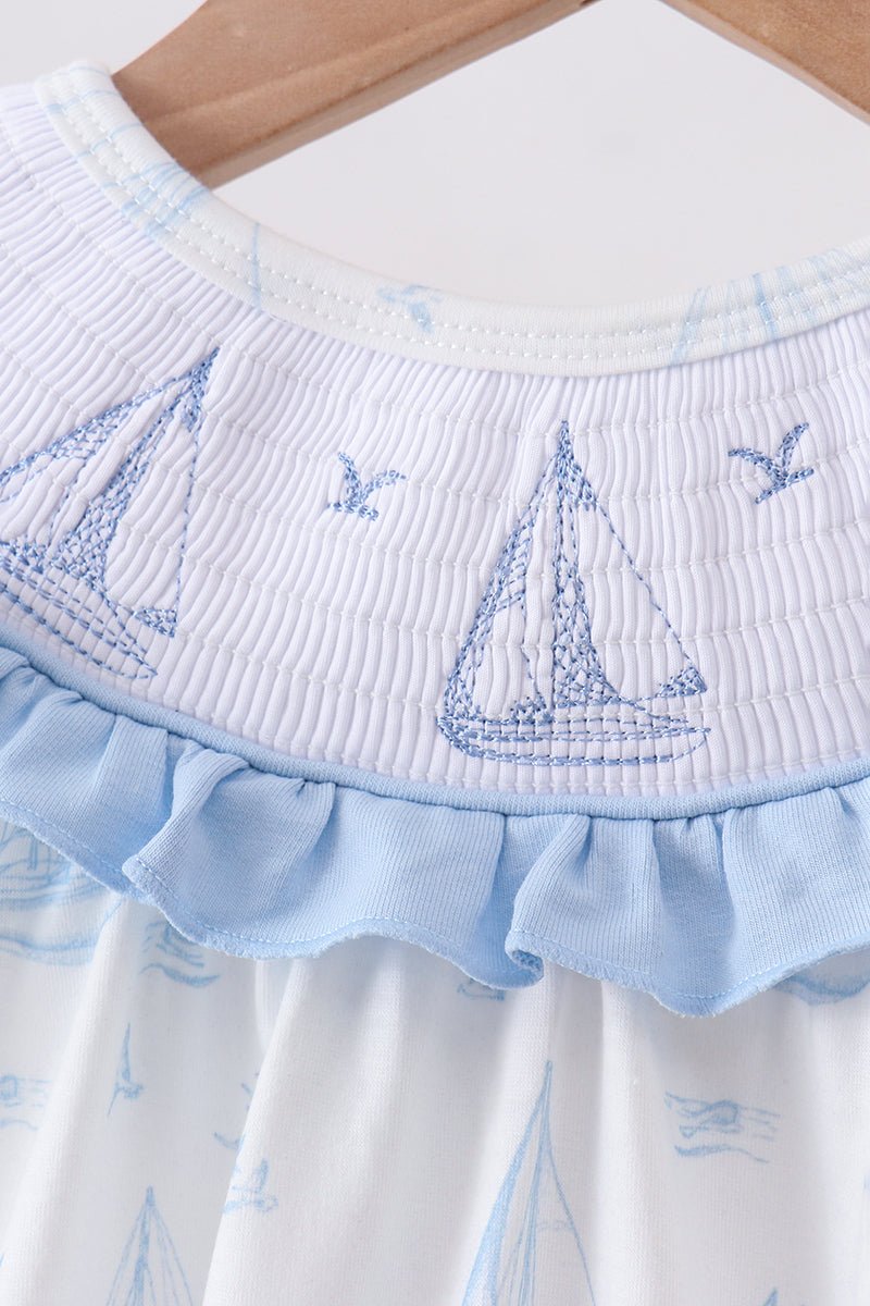 Blue Sailboat Smocked Ruffle Bubble - Abbies Place