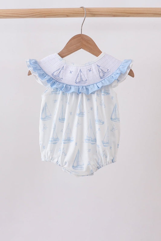 Blue Sailboat Smocked Ruffle Bubble - Abbies Place
