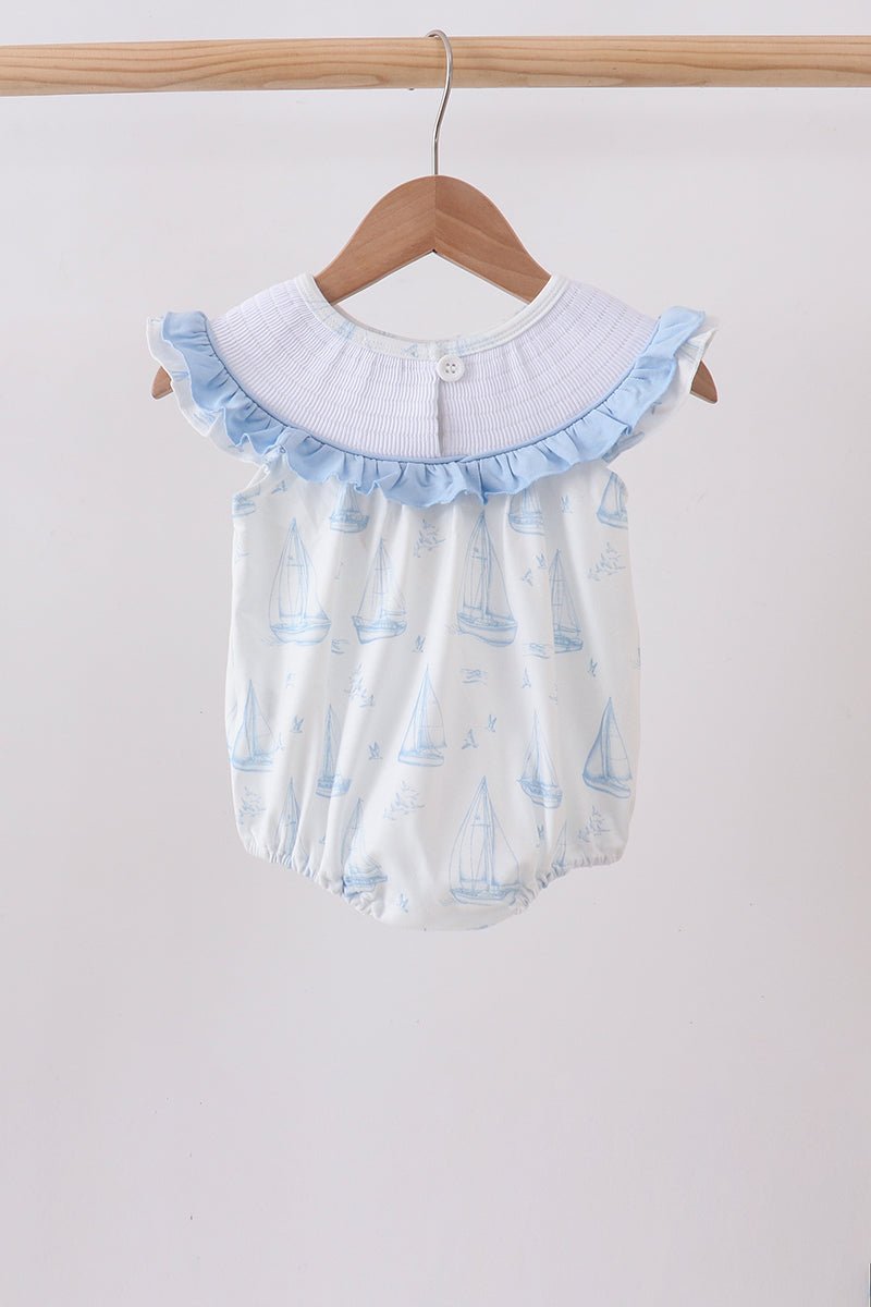 Blue Sailboat Smocked Ruffle Bubble - Abbies Place