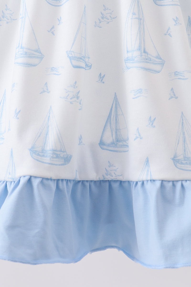 Blue Sailboat Smocked Ruffle Dress - Abbies Place