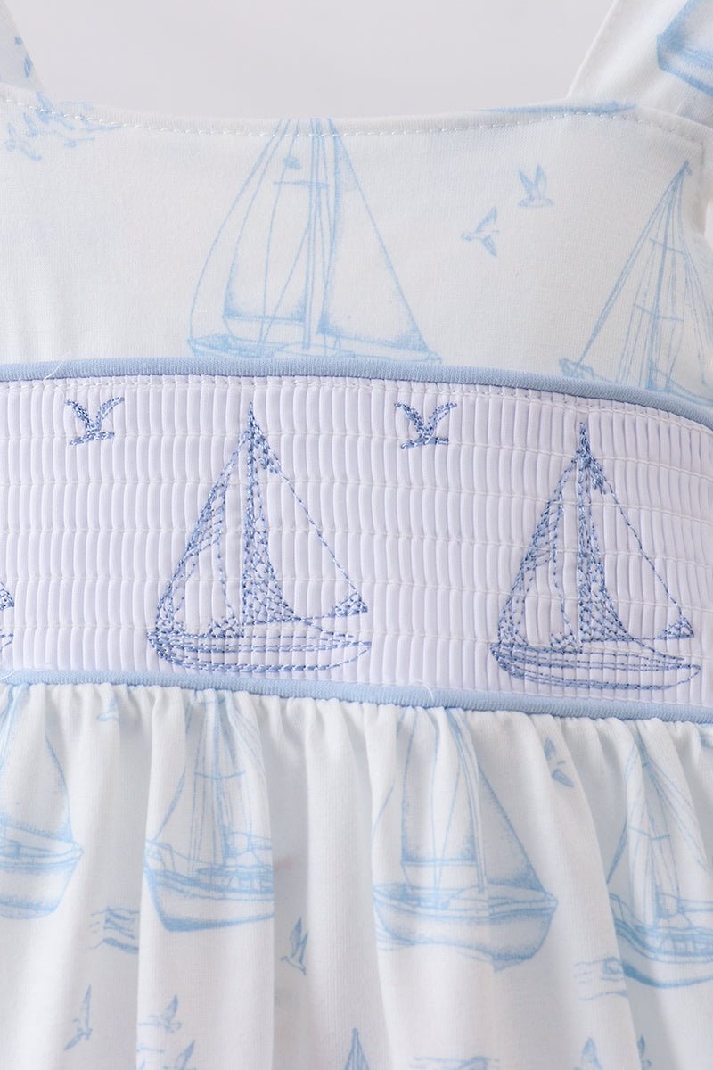 Blue Sailboat Smocked Ruffle Dress - Abbies Place