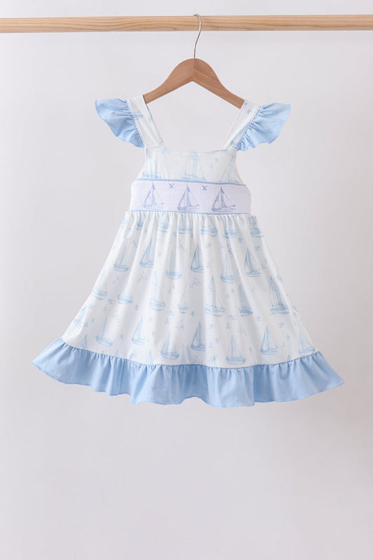 Blue Sailboat Smocked Ruffle Dress - Abbies Place