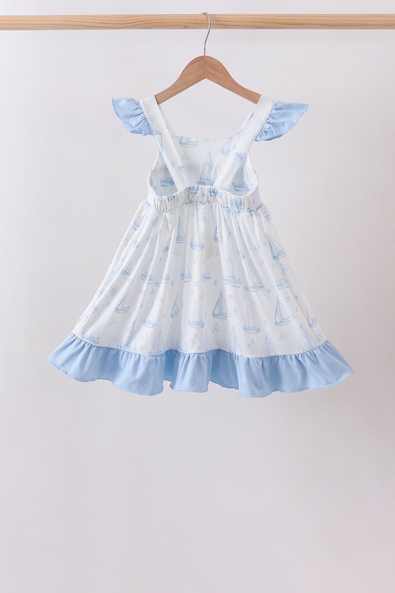Blue Sailboat Smocked Ruffle Dress - Abbies Place