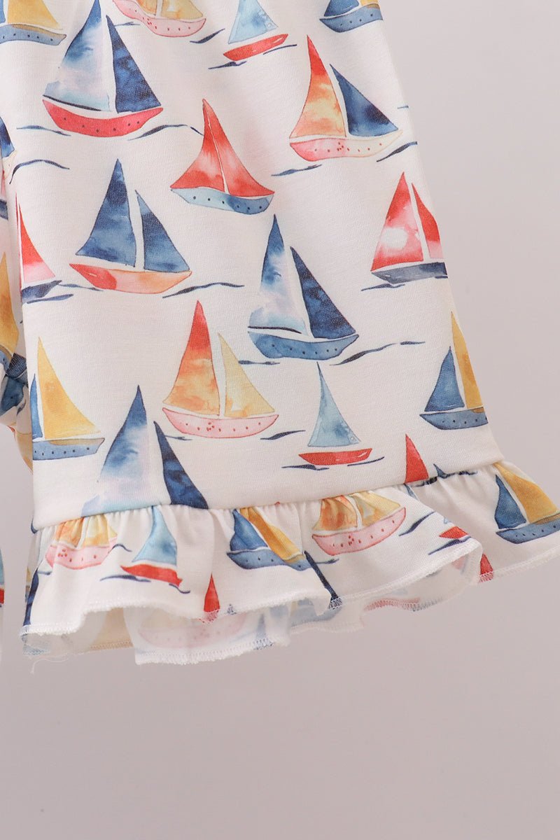 Blue Sailboat Smocked Ruffle Shorts Set - Abbies Place