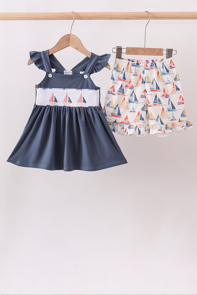Blue Sailboat Smocked Ruffle Shorts Set - Abbies Place