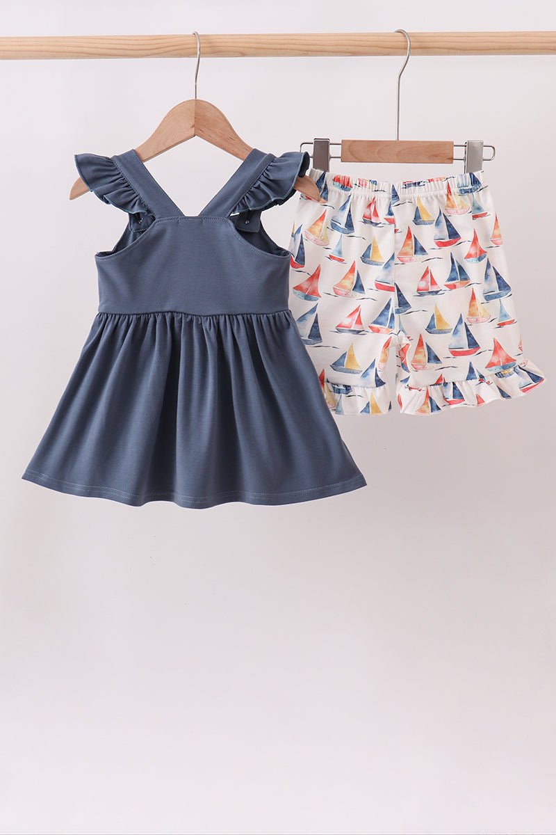 Blue Sailboat Smocked Ruffle Shorts Set - Abbies Place