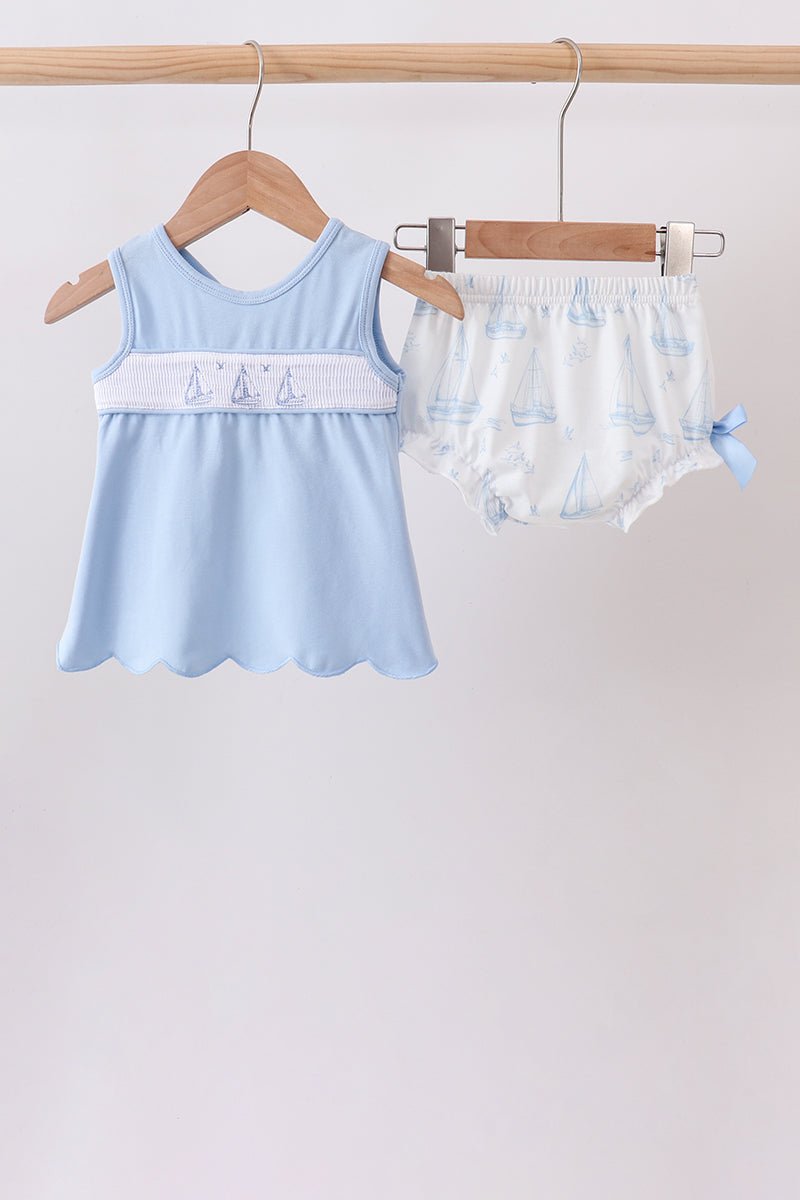 Blue Sailboat Smocked Scalloped Bloomer Set - Abbies Place