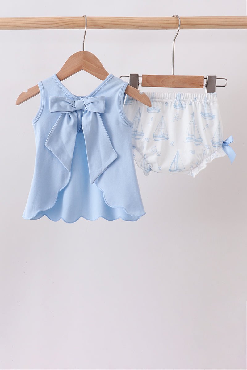 Blue Sailboat Smocked Scalloped Bloomer Set - Abbies Place